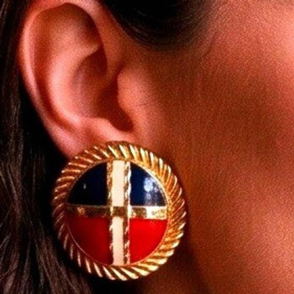 Vtg NOS Sue Ellen England Clip On Earrings Navy Red Enamel Gold Rope Twist Large